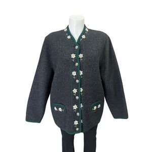 Lanamoden Salzburg Austria Pure New‎ Wool Gray Floral Embroidered Jacket Vintage